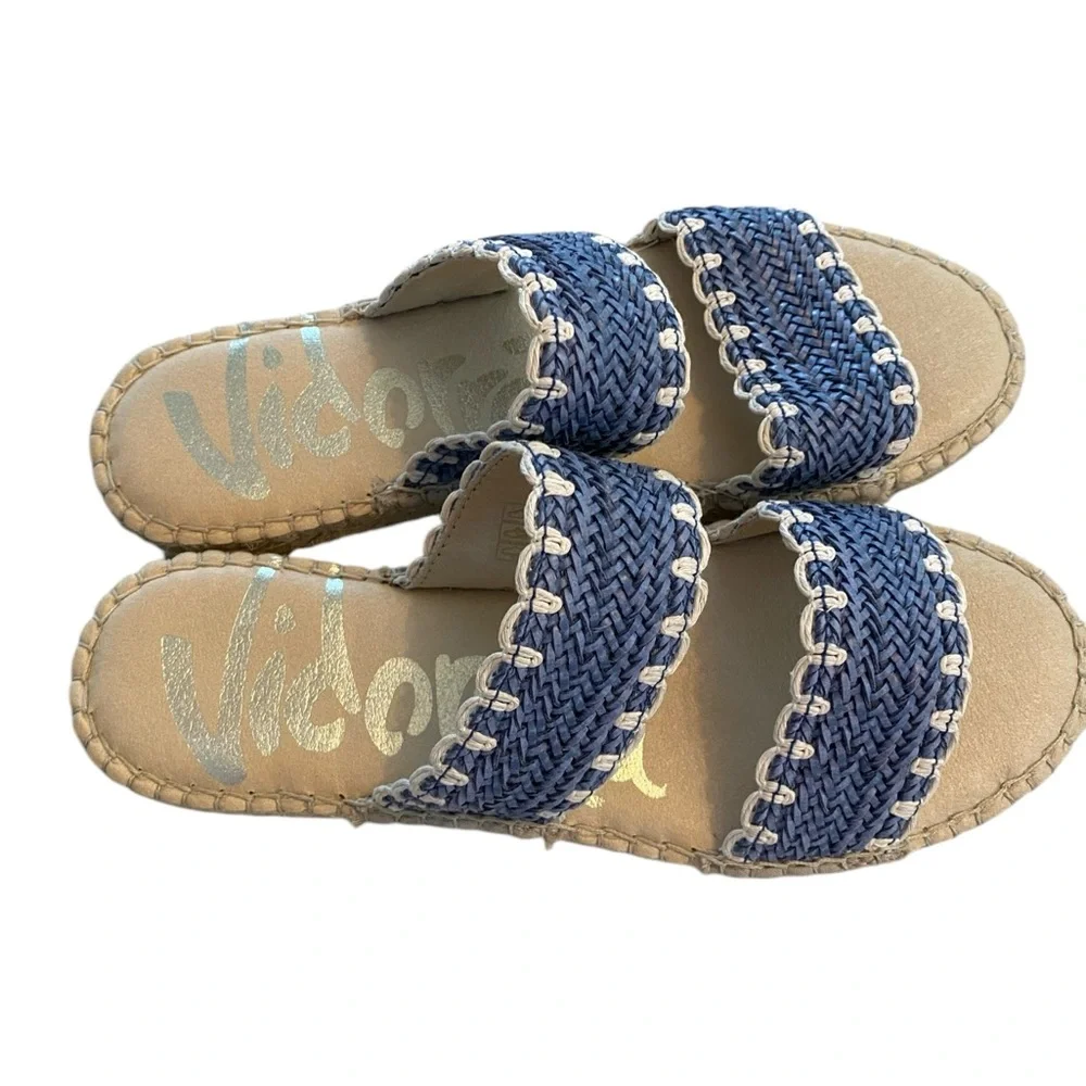 NWOT Vidorreta Blue and white jute Woven Slide espadrille Sandals